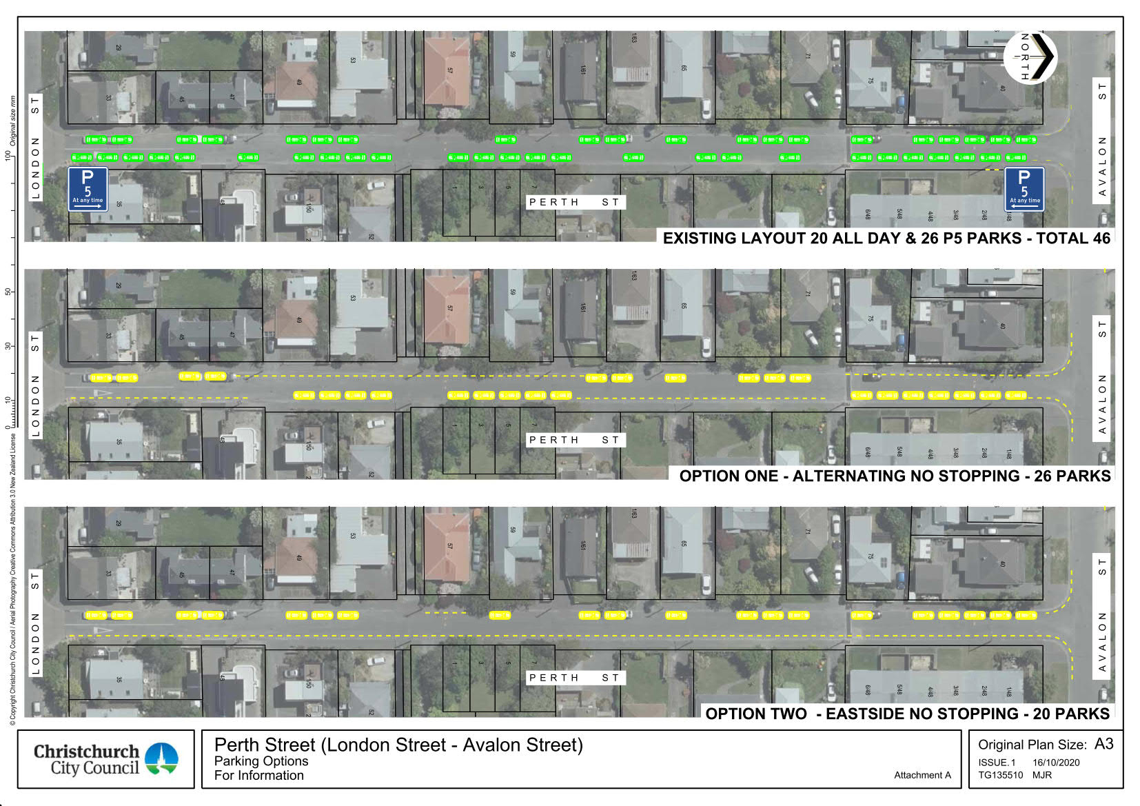 Plan showing the existing layout on Perth Street, including P5 zones, Option one with alternating no stopping and Option two with eastside no stopping. 