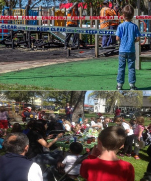 Top: a boy stands in front of a damaged playground. Bottom: a picnic to celebrate the new playgound.