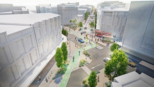 View of the Tuam St and High St intersection showing the proposed tram extension