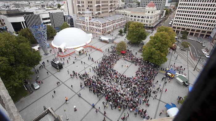 'Aerial view of Buskers Festival in Cathedral Square