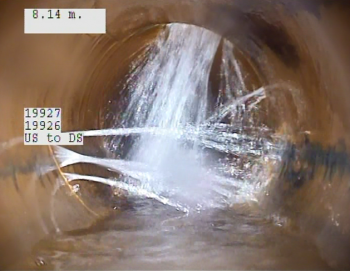 CCTV footage of groundwater infiltration getting through cracked pipes