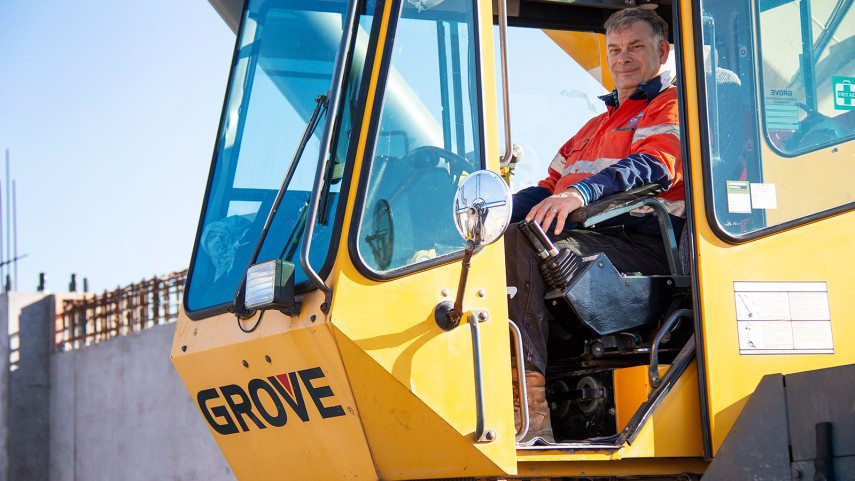 Marcus Brown in the cab of his crane.