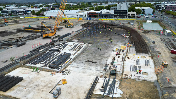 Drone image of Te Kaha substructure taking shape
