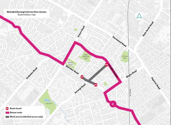 Bus detour map - Wairakei / Aorangi intersection closure