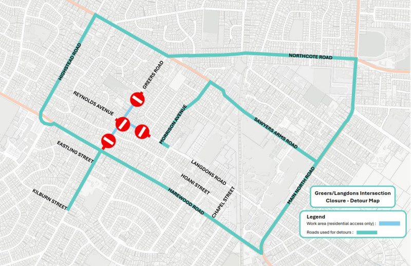 Langdons Road and Greers Road intersection closure detour map