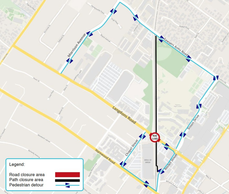 Roads used for detours Langdons Road railway crossing October 2024